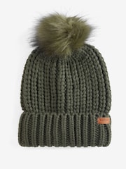 Barbour® Olive Green Saltburn Cable Knit Pom Beanie Logo Hat - Image 4 of 8