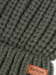 Barbour® Olive Green Saltburn Cable Knit Pom Beanie Logo Hat - Image 7 of 8