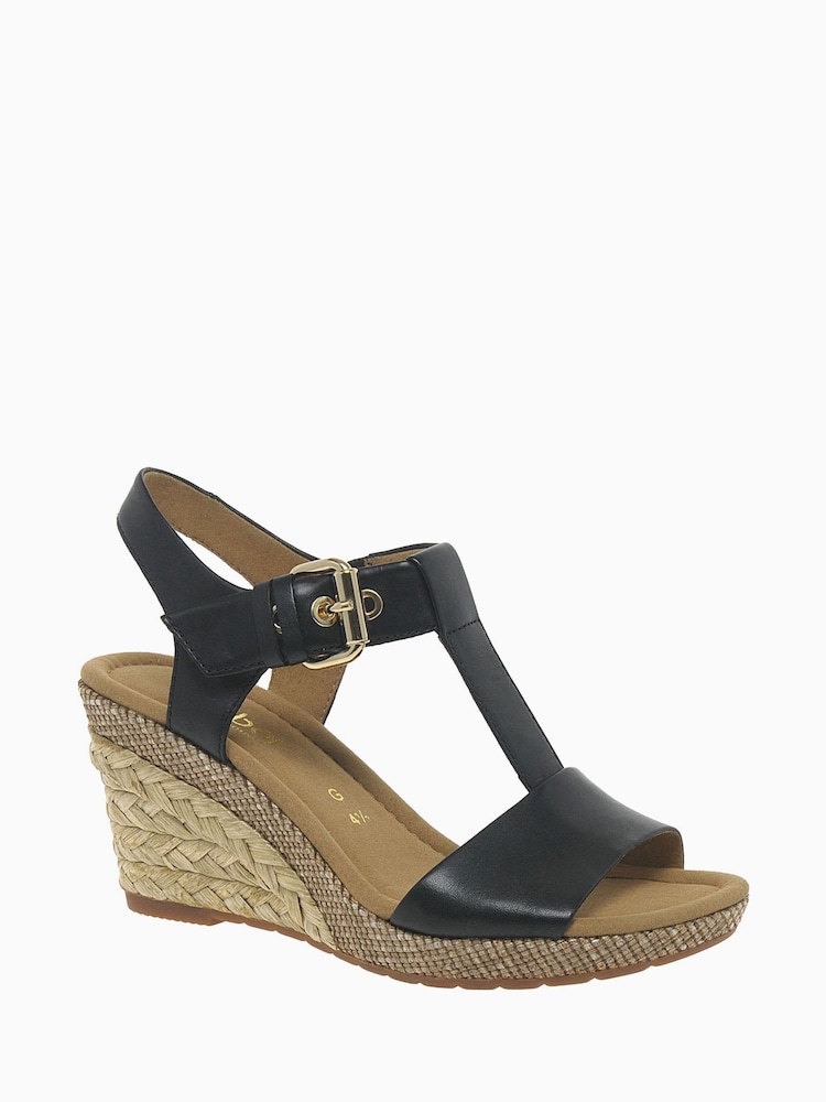 Gabor Wide Fit Karen Black Leather Wedge Sandals - Image 1 of 4 Gabor Wide Fit Karen Black Leather Wedge Sandals - Image 1 of 4
