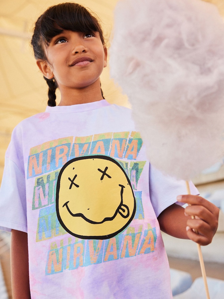 Pink/Purple Tie Dye Nirvana Oversized License Band T-Shirt (3-16yrs) - Image 1 of 7
