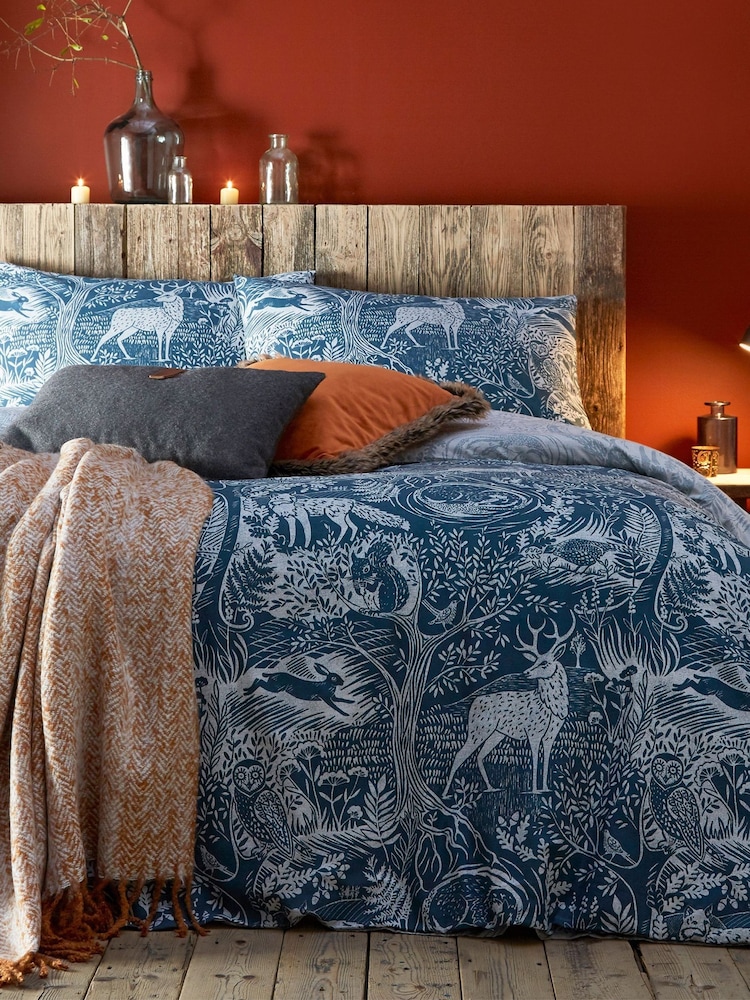 furn. Midnight Blue Winter Woods Animal Reversible Christmas Duvet Cover and Pillowcase Set - Image 1 of 3