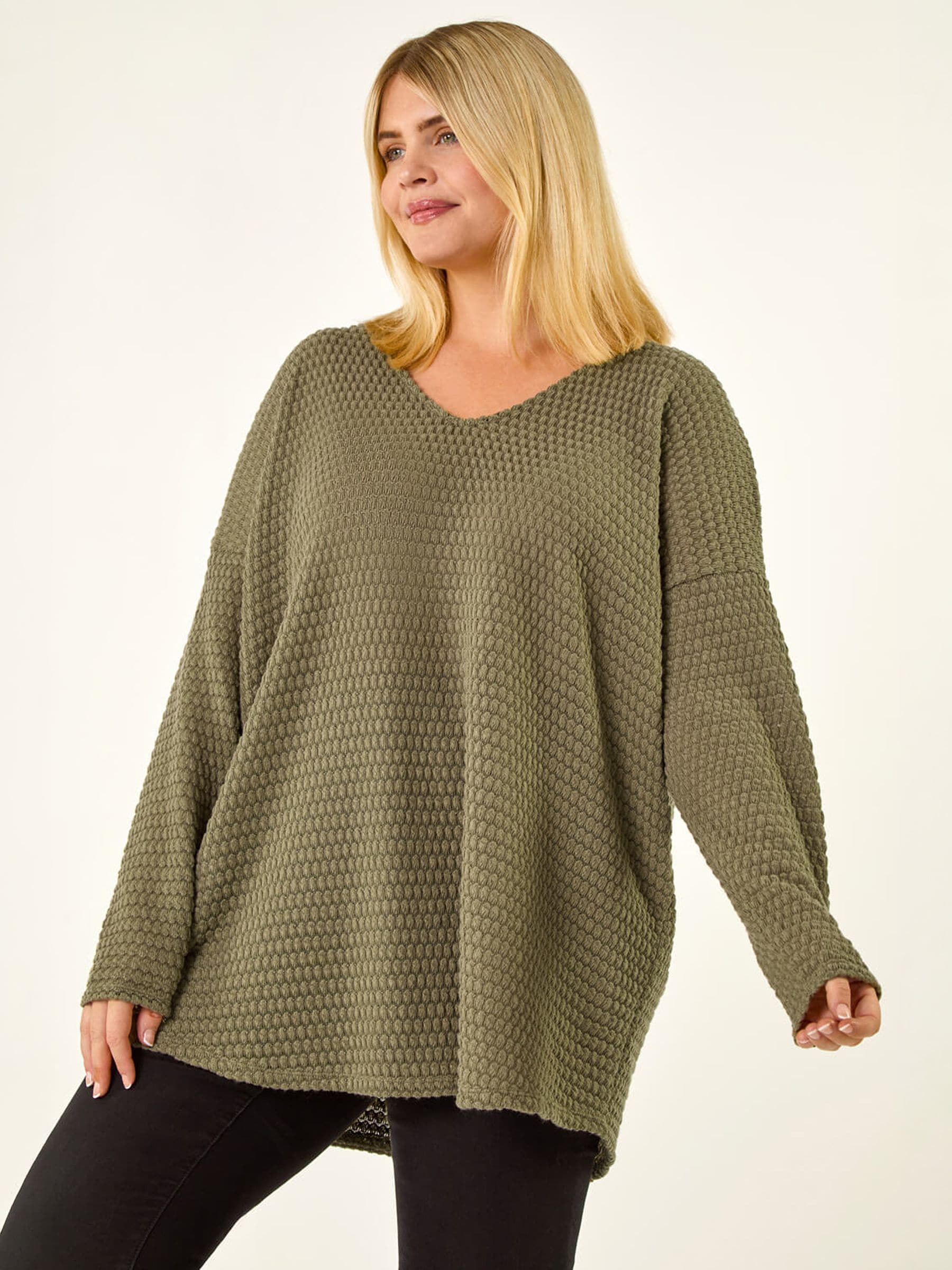 Roman Women's Green Curve Textured V-Neck Stretch Top - Image 1
