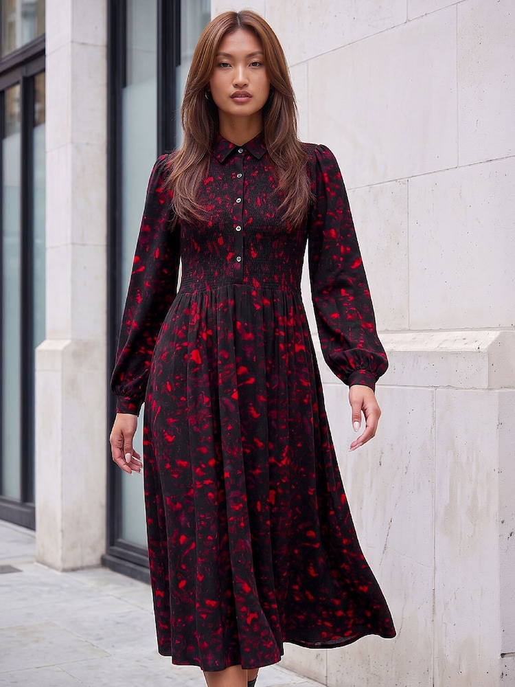 Roman Abstract Shirred Collared Midi Dress - Image 1 of 4 Roman Abstract Shirred Collared Midi Dress - Image 1 of 4
