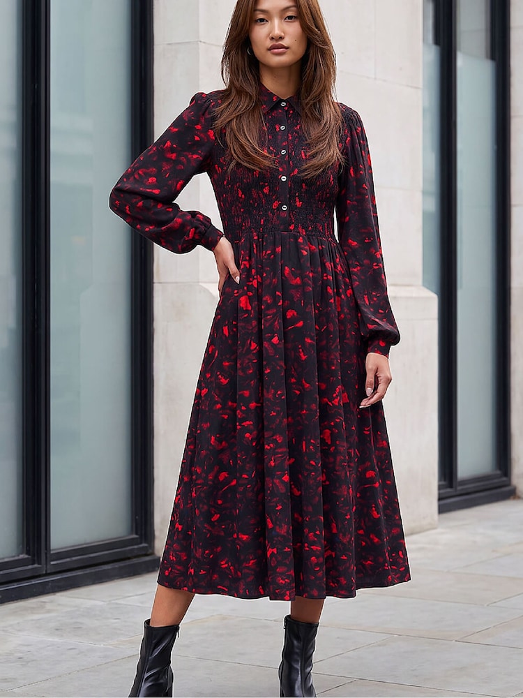 Roman Abstract Shirred Collared Midi Dress - Image 2 of 4 Roman Abstract Shirred Collared Midi Dress - Image 2 of 4