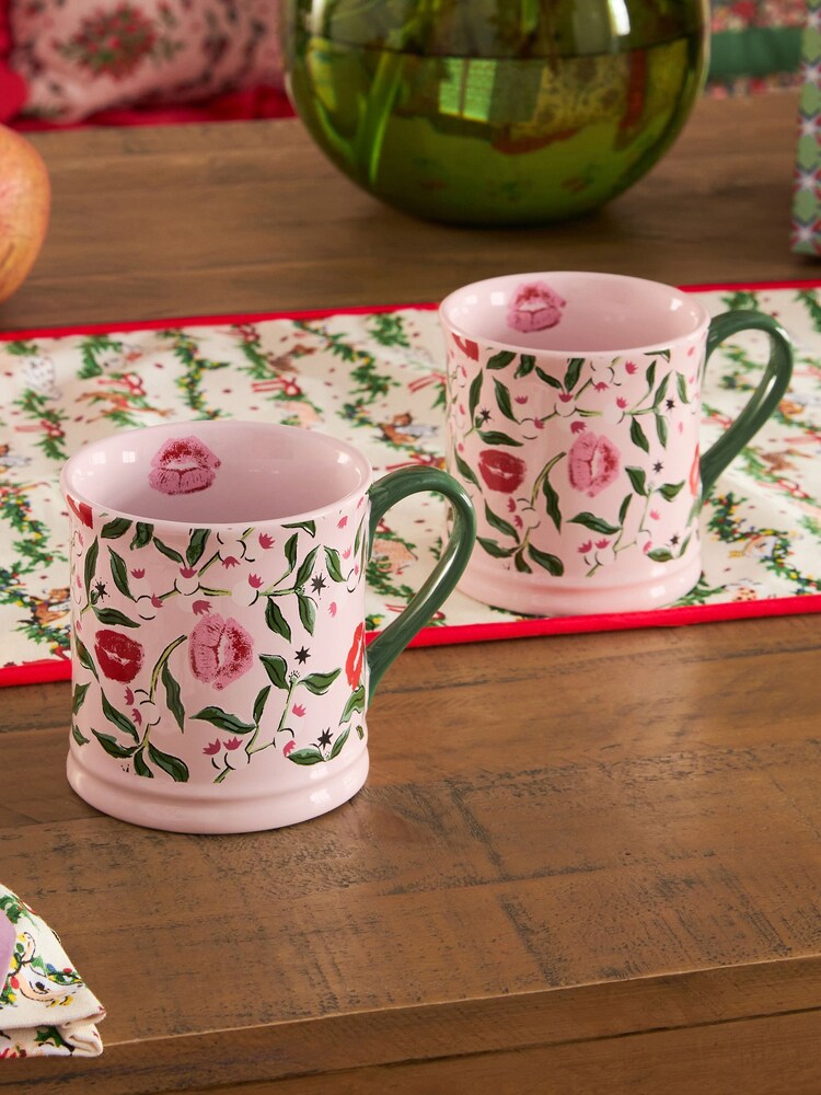 Cath Kidston Set of 2 Pink Mistletoe Mugs - Image 1 of 3