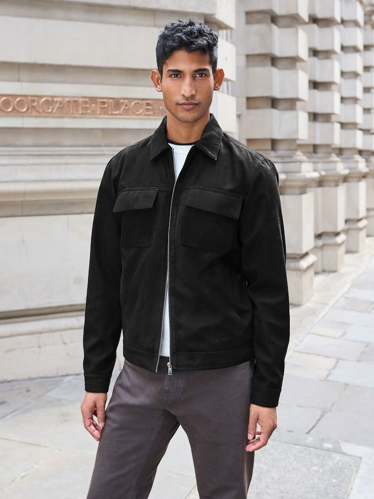 Black Faux Suede Collared Shacket - Image 1 of 11