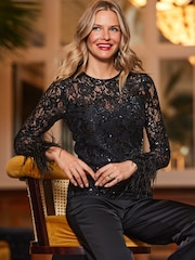 Sosandar Black Luxe Lace Embellished Feather Trim Top - Image 1 of 6