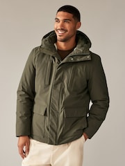 Olive Green Borg Lined Shower Resistant Hooded Parka Jacket - Image 1 of 14