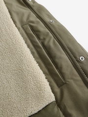Olive Green Borg Lined Shower Resistant Hooded Parka Jacket - Image 10 of 14