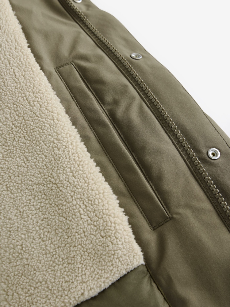 Olive Green Borg Lined Shower Resistant Hooded Parka Jacket - Image 10 of 14