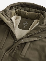 Olive Green Borg Lined Shower Resistant Hooded Parka Jacket - Image 11 of 14