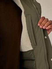 Olive Green Borg Lined Shower Resistant Hooded Parka Jacket - Image 5 of 14
