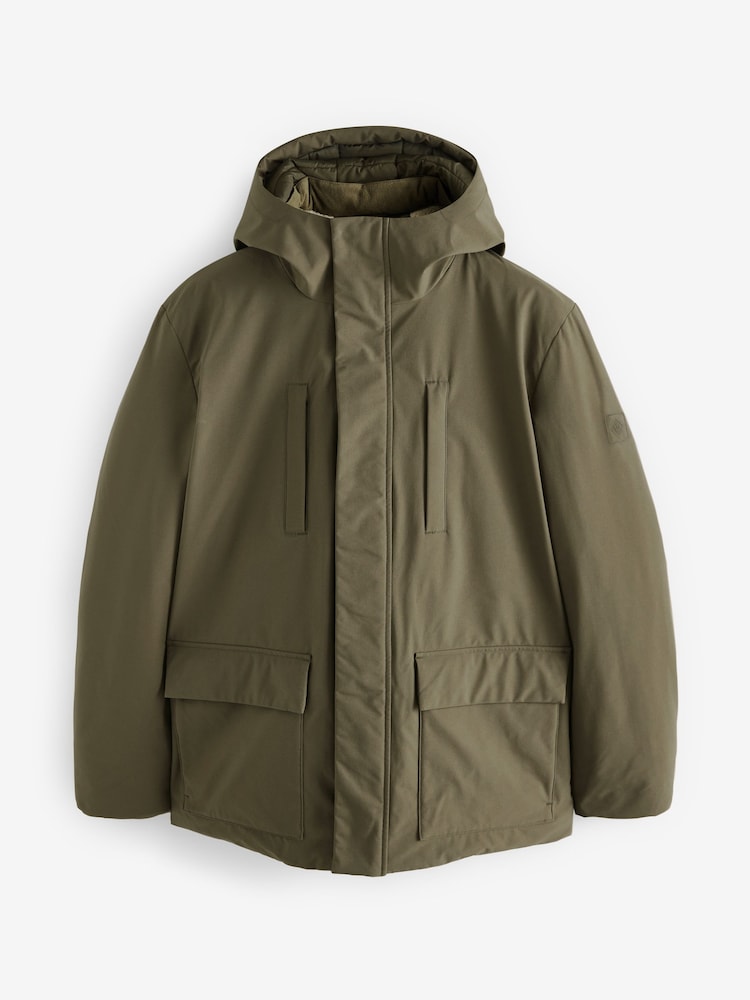 Olive Green Borg Lined Shower Resistant Hooded Parka Jacket - Image 7 of 14