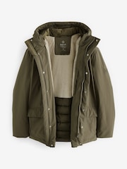 Olive Green Borg Lined Shower Resistant Hooded Parka Jacket - Image 8 of 14
