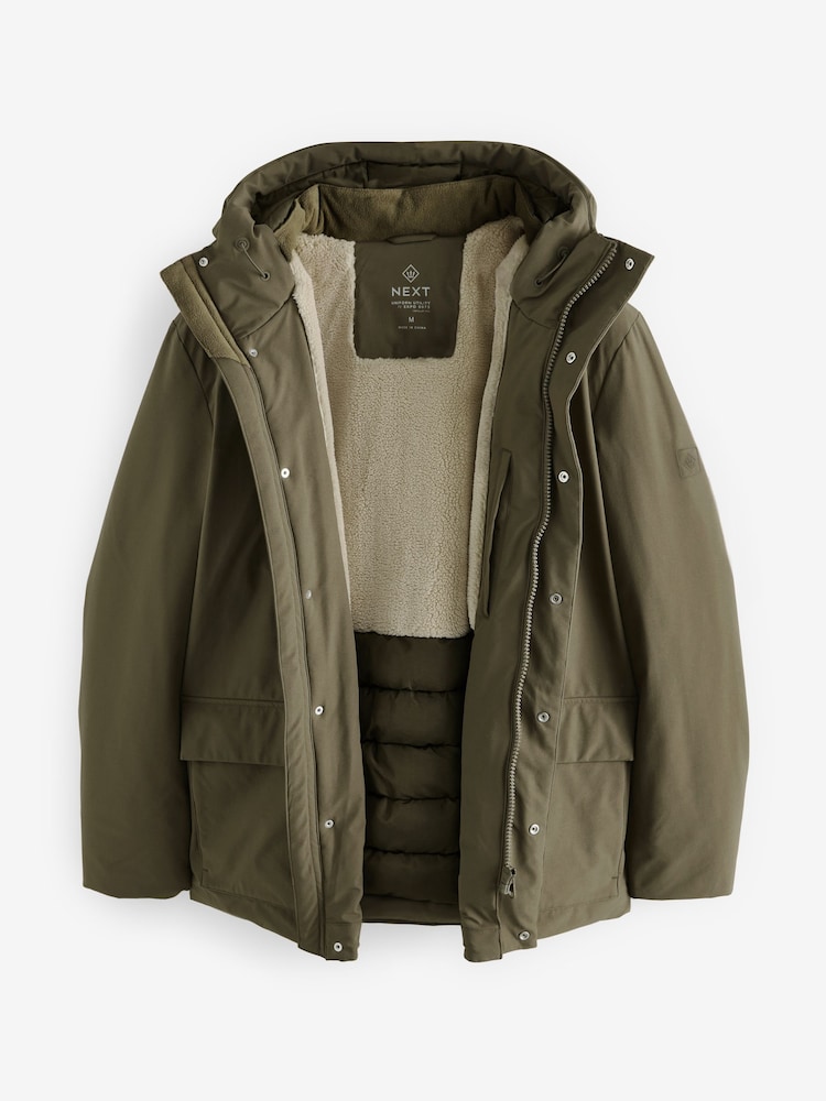 Olive Green Borg Lined Shower Resistant Hooded Parka Jacket - Image 8 of 14