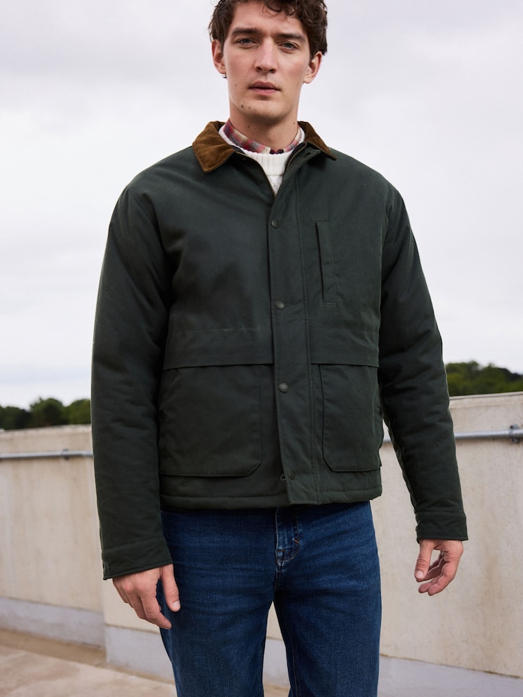 Khaki Green Signature Wax Coated Jacket with Corduroy Collar - Image 1 of 10