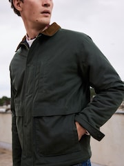Khaki Green Signature Wax Coated Jacket with Corduroy Collar - Image 5 of 10