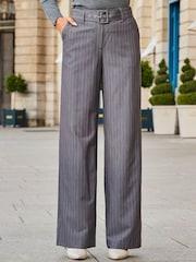 Sosandar Grey Pinstripe Belted Wide Leg Trousers - Image 1 of 5
