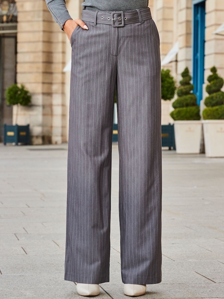 Sosandar Grey Pinstripe Belted Wide Leg Trousers - Image 1 of 5