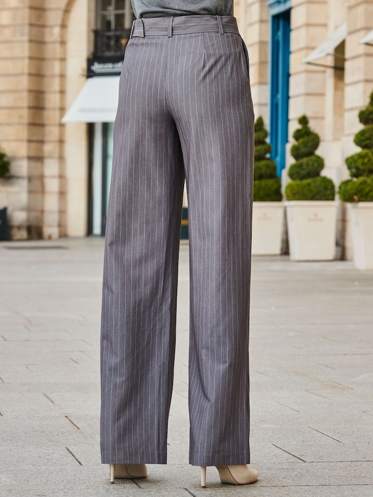 Sosandar Grey Pinstripe Belted Wide Leg Trousers - Image 2 of 5