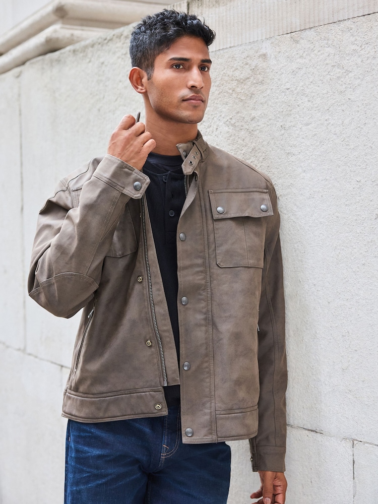 Brown Faux Leather Biker Jacket - Image 1 of 12
