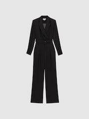Reiss Black Flora Sheer Belted Double Breasted Jumpsuit - Image 2 of 4
