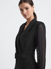 Reiss Black Flora Sheer Belted Double Breasted Jumpsuit - Image 3 of 4