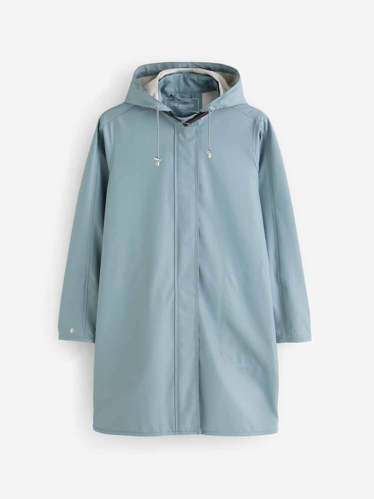 Ilse Jacobsen Blue A-line waterproof PU raincoat with welded seams, detachable hood, storm placket, and 5,000 mm rating - Image 1 of 1 Ilse Jacobsen Blue A-line waterproof PU raincoat with welded seams, detachable hood, storm placket, and 5,000 mm rating - Image 1 of 1