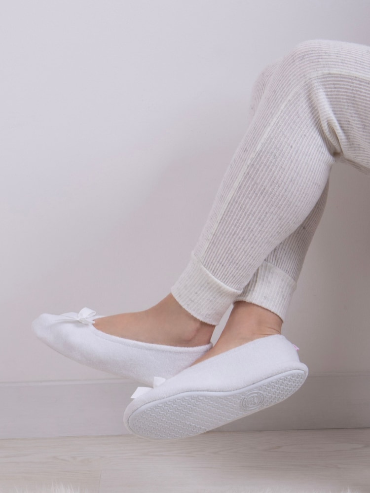 Totes White Isotoner Terry Ballet Slippers With Bow - Image 1 of 5