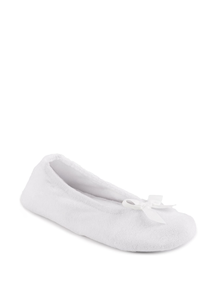 Totes White Isotoner Terry Ballet Slippers With Bow - Image 3 of 5