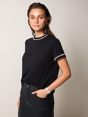 Black 100% Cotton Pearl Trim Short Sleeve T-Shirt - Image 1 of 6