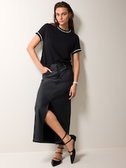 Black 100% Cotton Pearl Trim Short Sleeve T-Shirt - Image 2 of 6