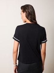 Black 100% Cotton Pearl Trim Short Sleeve T-Shirt - Image 3 of 6