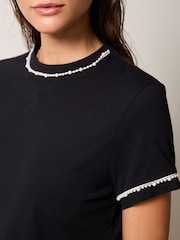 Black 100% Cotton Pearl Trim Short Sleeve T-Shirt - Image 4 of 6