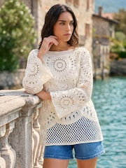 Roman White Longline Crochet Knit Tunic - Image 1 of 4