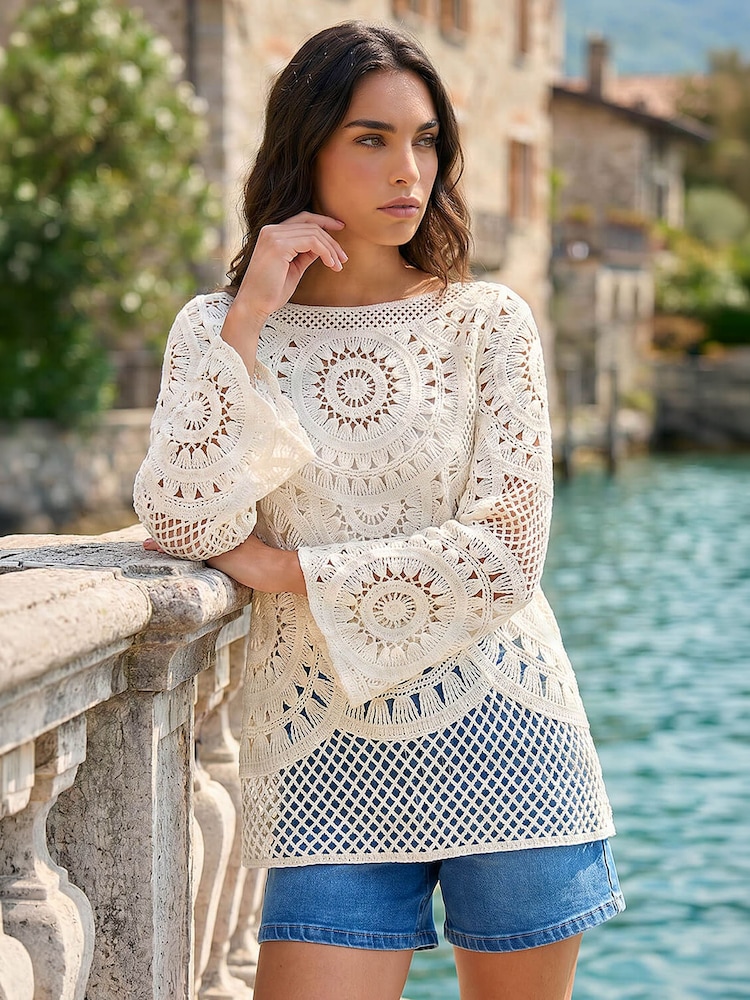 Roman White Longline Crochet Knit Tunic - Image 1 of 4 Roman White Longline Crochet Knit Tunic - Image 1 of 4