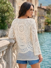 Roman White Longline Crochet Knit Tunic - Image 3 of 4