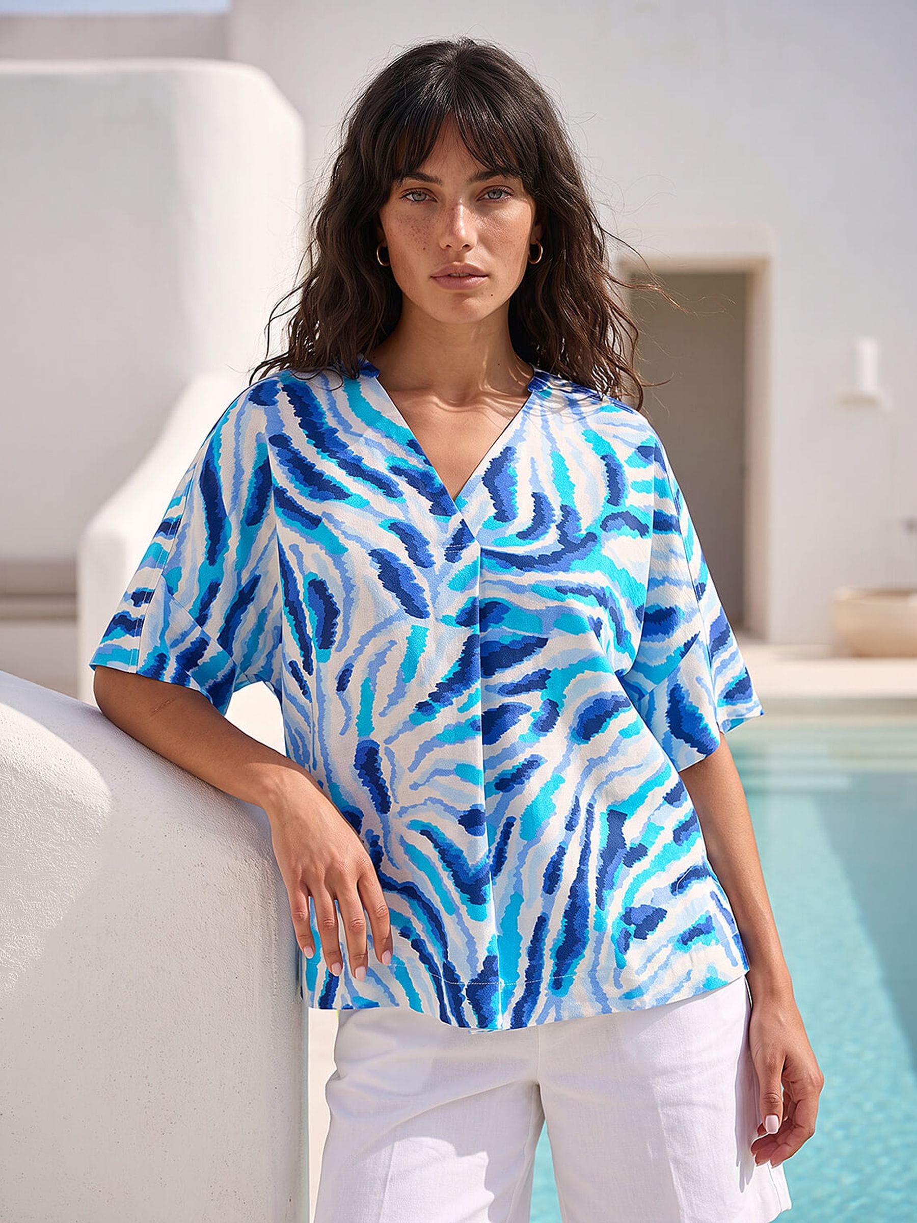 Roman Women's Blue Animal Print Pleated Tunic Top In | Size: 20 - Image 4