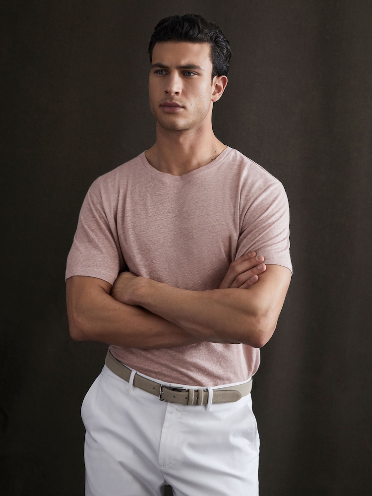 Reiss Dusty Pink Venice Linen Crew Neck T-Shirt - Image 1 of 5