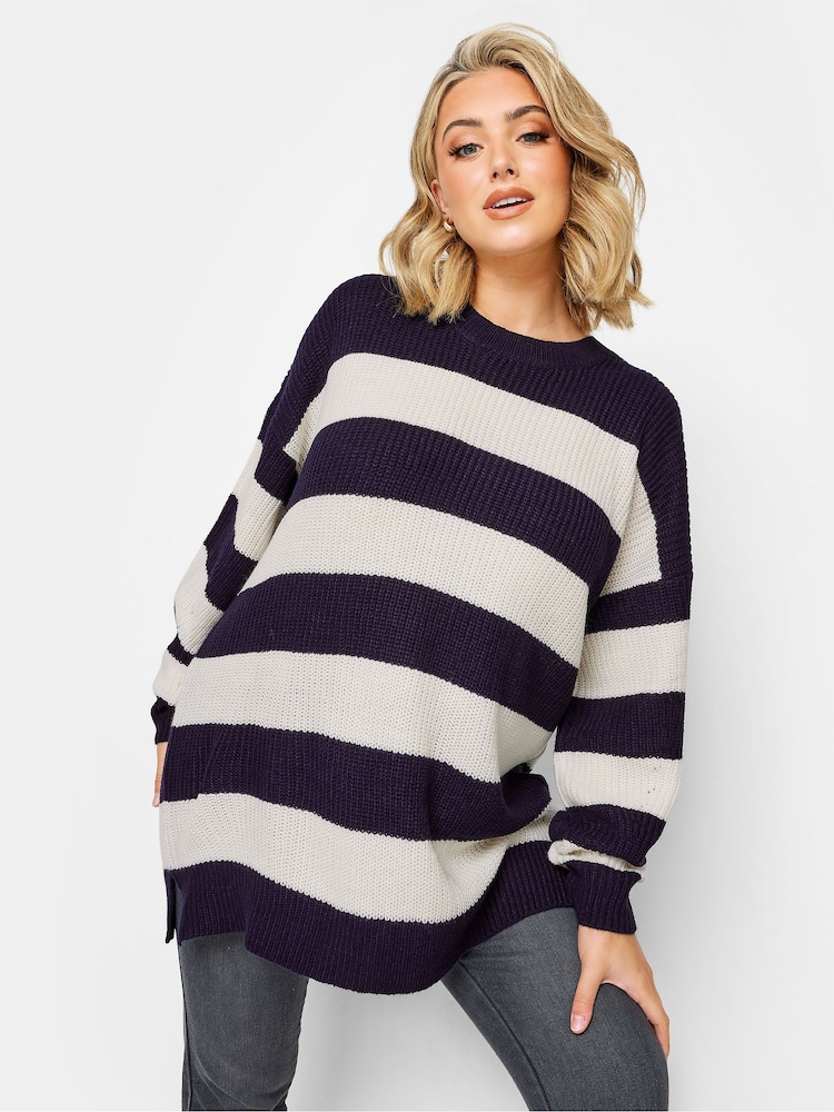 Yours Curve Blue Ribbed Drop Shoulder Jumper - Image 1 of 4 Yours Curve Blue Ribbed Drop Shoulder Jumper - Image 1 of 4