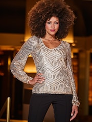 Sosandar Gold Geometric Sequin Blouson Sleeve Top - Image 1 of 5