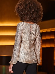 Sosandar Gold Geometric Sequin Blouson Sleeve Top - Image 2 of 5
