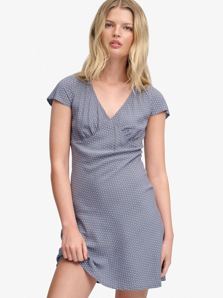 Superdry Blue Printed Sweetheart Short Sleeve Mini Dress - Image 1 of 6 Superdry Blue Printed Sweetheart Short Sleeve Mini Dress - Image 1 of 6
