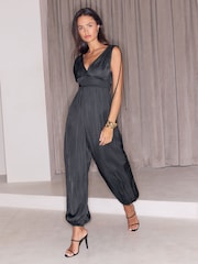 Lipsy Black Satin V-Neck Sleeveless Balloon Trouser Jumpsuit - Image 1 of 5