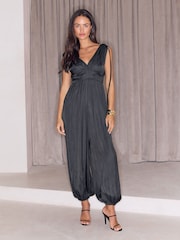 Lipsy Black Satin V-Neck Sleeveless Balloon Trouser Jumpsuit - Image 4 of 5