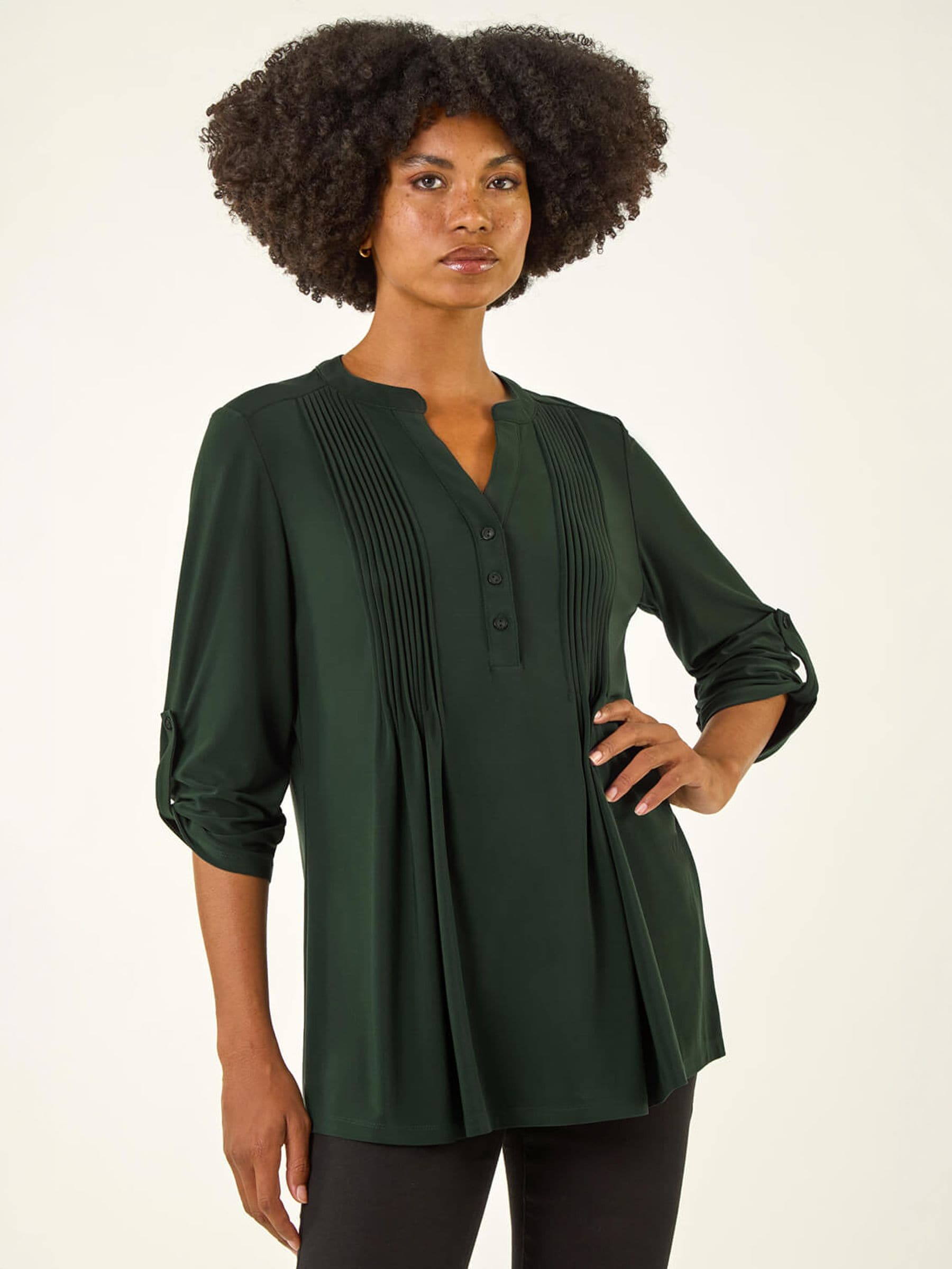 Roman Originals Pintuck Button Stretch Top for Women UK - Ladies Everyday Autumn Winter V-Neckline Comfy Soft Evening Vacation Work Party Night Out - Image 3