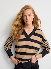 Neutral/Black Stripe Cosy Lightweight Soft Touch Longline V-Neck Jumper Top - Image 1 of 6