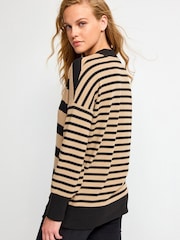 Neutral/Black Stripe Cosy Lightweight Soft Touch Longline V-Neck Jumper Top - Image 3 of 6