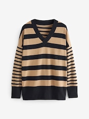 Neutral/Black Stripe Cosy Lightweight Soft Touch Longline V-Neck Jumper Top - Image 5 of 6