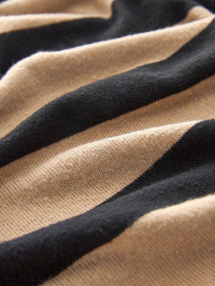 Neutral/Black Stripe Cosy Lightweight Soft Touch Longline V-Neck Jumper Top - Image 6 of 6